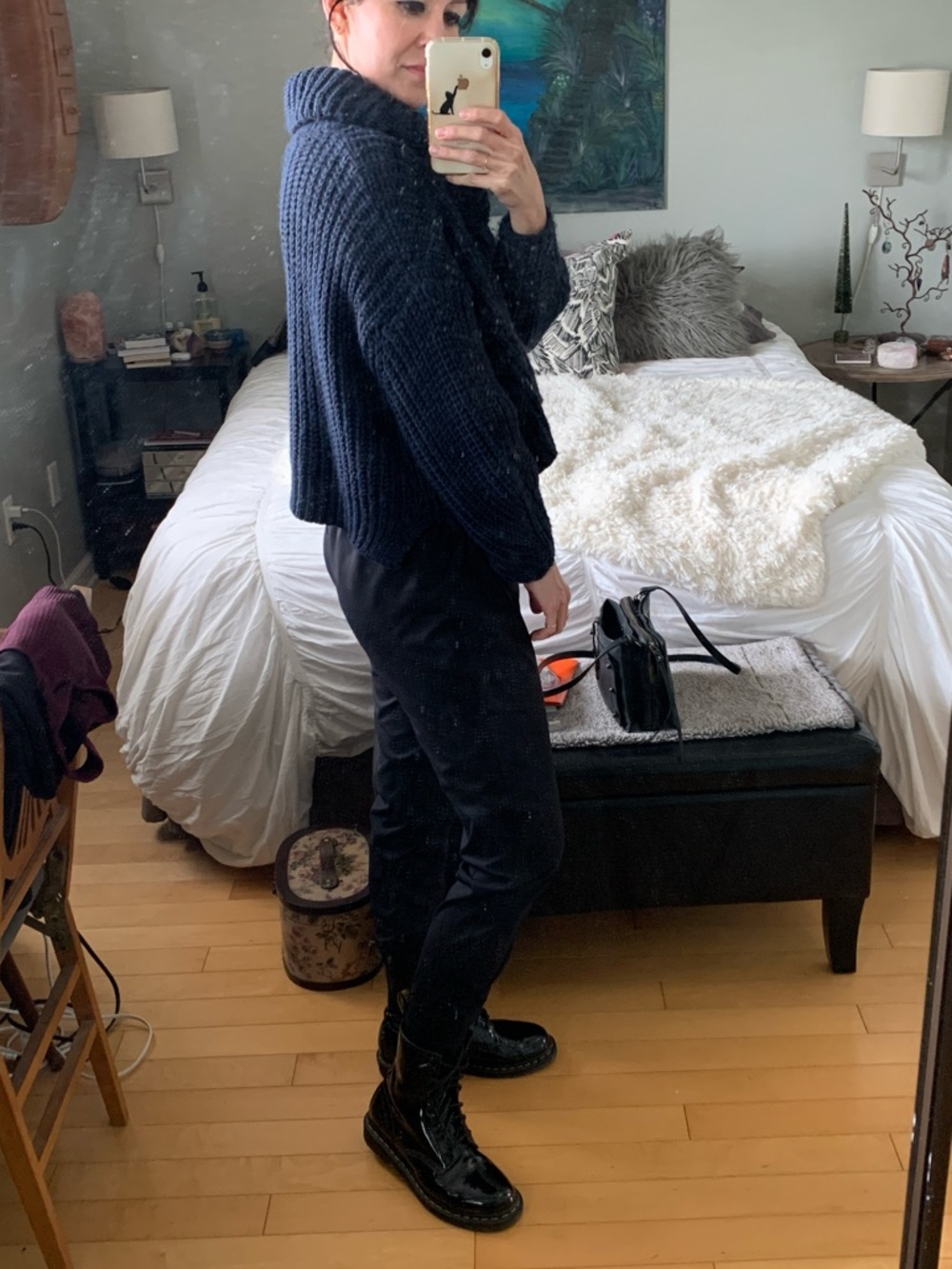 Navy Blue Cowl Neck Cropped Sweater M - Picture 4 of 9